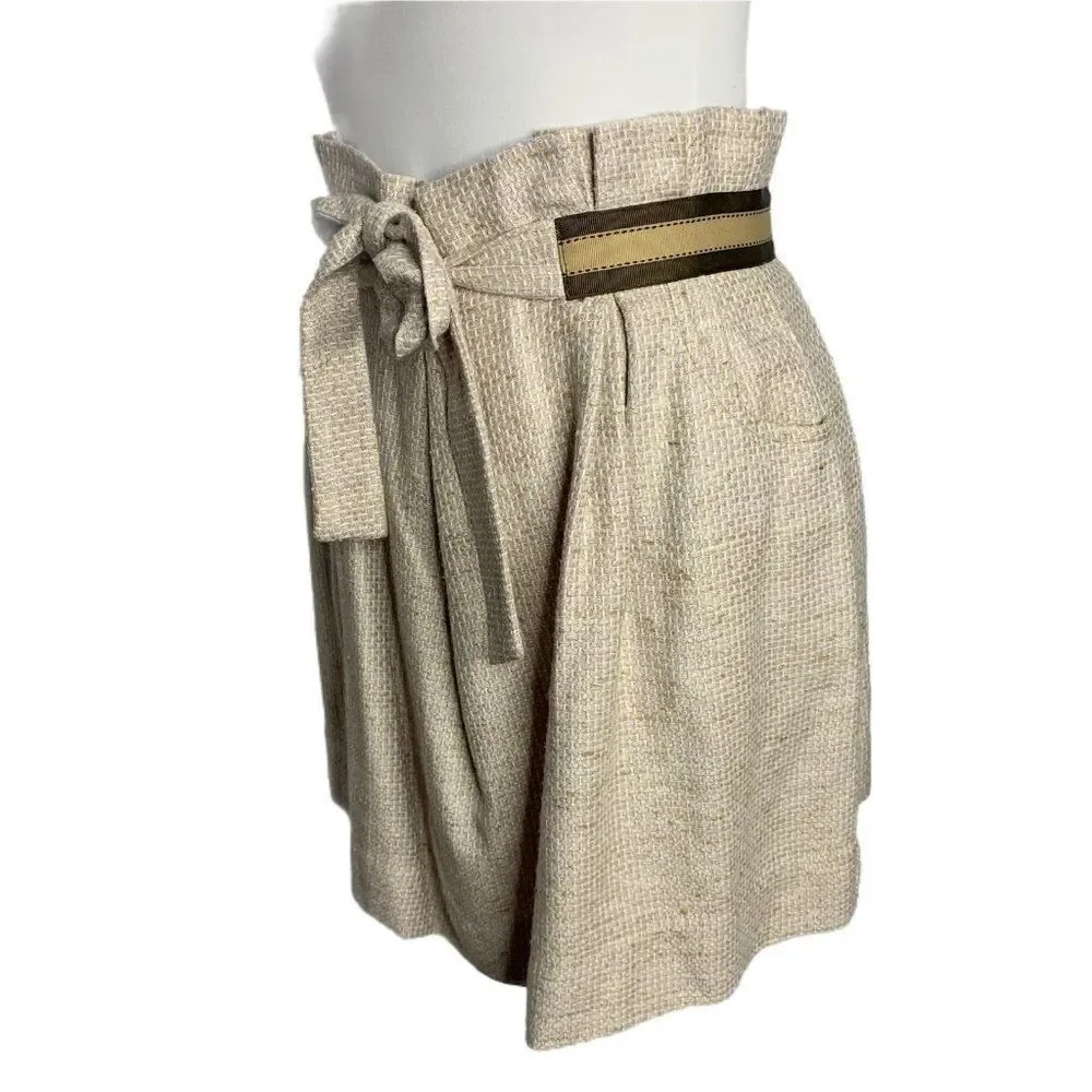 Vintage Silk Paper Bag Waist Mini Skirt S Beige Tie Waist Zip Pockets Pleated